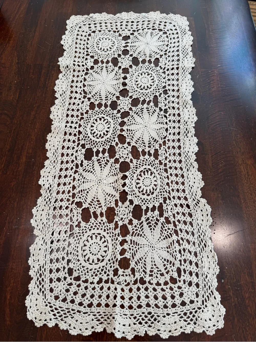 Vintage Hand-Crocheted Cream Table Runner off white 32”x13” floral Cottagecore